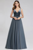 A Line V-Neck Sleeveless Blue Floor-length Evening Dress Prom Dress P1181