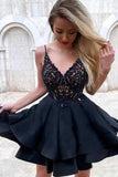 A Line V Neck Lace Layered Black Top Lace Short Homecoming Dresses with Spaghetti Straps H1188