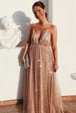 Flowy A Line Spaghetti Straps Long V-Neck Prom Dress with Sequins P1208