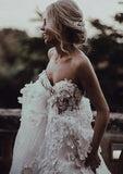 Charming Ball Gown Sweetheart Strapless 3D Flowers Tulle Off White Wedding Dress W1125