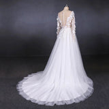 Long Sleeves White A Line Tulle Beach Wedding Dress with Lace Appliques Bridal Dress W1140