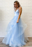 Ruffles Spaghetti Straps V-Neck Prom Dress Long Formal Dress P1576