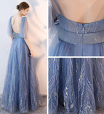 Chic A-Line V-Neck Tulle Blue Modest Sleeveless Backless Long Floor-Length Prom Dresses uk PH175