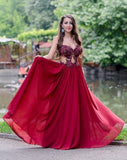 Sweetheart Appliques Beading Strapless Red A-Line Chiffon See-through Fashion Prom Dresses uk PH247