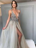 Shiny A-line V-Neck Beading Long Prom Dress Evening Gowns With High Slit