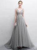 Shiny A-line V-Neck Beading Long Prom Dress Evening Gowns With High Slit