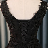 Black V Neck Cute A-Line Appliques Sleeveless Tulle Lace Beading Short Homecoming Dress PM189