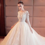 2018 Gorgeous Scoop Lace Appliques Flowers White Organza Long Sleeve Wedding Dresses uk PH177