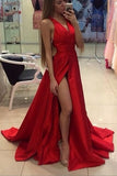 A-Line Red Simple With Slip Side Satin Chiffon Charming Deep V-Neck Sleeveless Prom Dresses uk PH250