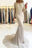 Elegant Mermaid Long Sleeve Scoop Lace Prom Dresses, Long Evening Dresses PW746