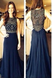 Long Navy Chiffon Beading Sleeveless A Line Scoop Long Evening Dresses Prom Dresses