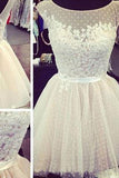 A Line Cap Sleeve Appliques Tulle V Back Homecoming Dresses