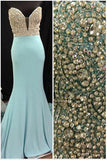 Gorgeous Long Blue Sweetheart Mermaid Elegant Beading Strapless Prom Dress PM153