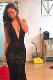 Black Mermaid Backless Sexy Open Back Sequins Deep V-Neck Halter Prom Dresses PM175