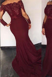 Mermaid Burgundy Satin Long Sleeves Off the shoulder Appliques Prom Dress