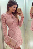 Lace Dress Pink Sexy Lace Elegant Short O Neck Prom Dress Long Sleeve Party Dress