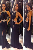 Sexy Black Chiffon Rhinestone Halter Open Back Slim-Line Slit Long Evening Dress Long Dress