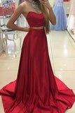 Fabulous Two Piece Red Halter Sleeveless Sweep Train Beading Prom Dress