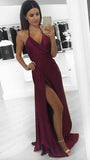 Sexy V-Neck A Line Burgundy Slit Halter Backless Prom Dress