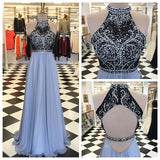 A Line Halter Beading Open Back Long Prom Dresses