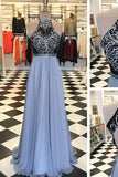 A Line Halter Beading Open Back Long Prom Dresses