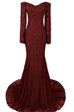 Long Mermaid Sweetheart Long Sleeve Burgundy Lace Prom Dress