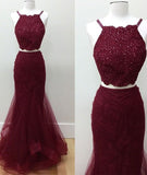 Two Piece Mermaid Burgundy Beading Halter Sleeveless Long Prom Dress