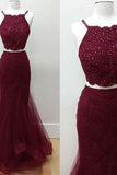 Two Piece Mermaid Burgundy Beading Halter Sleeveless Long Prom Dress