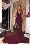 Burgundy V-Neck Backless Mermaid Sweep Train Prom Dress