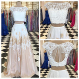 Two Piece A Line Long White Lace Open Back Prom Dress