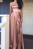 2017 Pink Elegant A-Line Cheap Off the Shoulder Long Slit Prom Dresses uk PM146