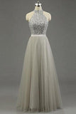 High Quality Long Prom Gown Tulle Ruffled Bridal Dresses Princess Light Grey Gray Prom Gowns PM671