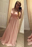 Sexy Blush Pink Backless V-Neck Spaghetti Straps Long Prom Dress