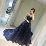 Elegant A Line Strapless Navy Blue Sparkly Long Prom Dress PM427