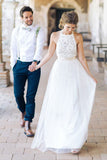 A Line Halter Lace Beach Wedding Dresses with Belt