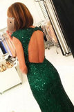 Dark Green Open Back Sequins Split Long Prom Dresses Bridesmaid Dresses