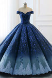 Ball Gown Navy Blue Lace Applique Ombre Off the Shoulder Princess Prom Dresses,Quinceanera Dresse PW269