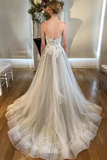 A Line Sweetheart Strapless Backless Silver Grey Tulle Wedding Dress with Sweep Train PW230