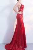 Sexy V-Neck Red Mermaid Spaghetti Straps Sparkly Backless Sleeveless Sequins Evening Dresses uk PH242