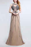 Champagne Tulle Sequins Open Back Round Neck Full-Length Evening Dress Formal Dress