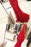 Graceful Red Beaded Lace Long Half Sleeve Backless Floor Length Mermaid Prom Dresses