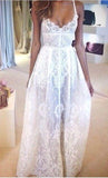 Spaghetti Strap Appliques Flowy Beach Lace Wedding Dress