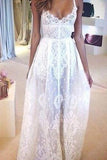 Spaghetti Strap Appliques Flowy Beach Lace Wedding Dress