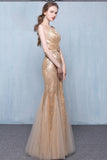 Golden Sequins V-Neck Mermaid Elegant Tulle Sleeveless Prom Dresses uk with Sash Bowknot PH248