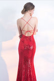 Sexy V-Neck Red Mermaid Spaghetti Straps Sparkly Backless Sleeveless Sequins Evening Dresses uk PH242