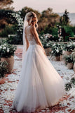 Elegant A Line V-Neck Tulle Wedding Dress with Flowers Beach Wedding Gowns W1226