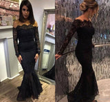 Mermaid Long Sleeves Black Lace Long Evening Dress