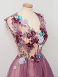 Elegant A Line Sleeveless Flower Appliqued Tulle Prom Dress P1310