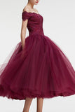 Vintage Princess Off the Shoulder Tea Length Ball Gown Scoop Burgundy Homecoming Dress PM860