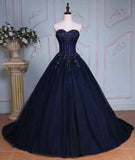 Princess Ball Gown Sweetheart Navy Blue Beads Ruffles Long Tulle Prom Dresses uk with Lace up PH236